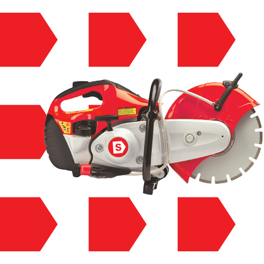Scie à béton rouge et grise avec disque diamanté, outil de coupe professionnel en location chez Simplex